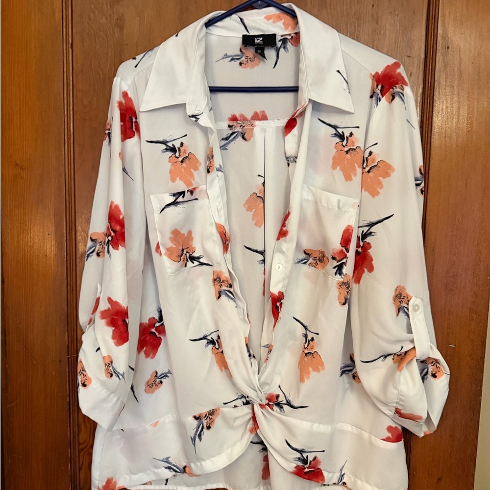 Iz Byer White and Red Floral Blouse